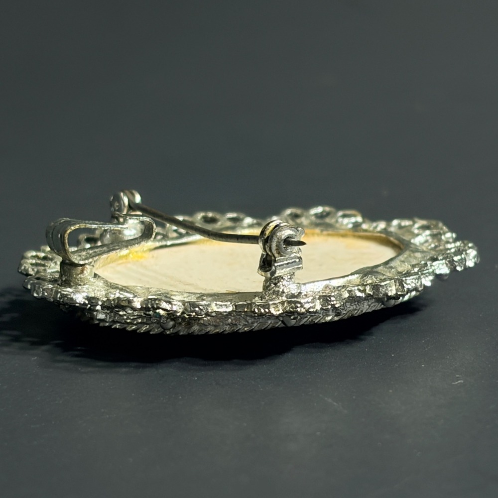 Signed Vtg Hand Painted Porcelain Rose Brooch Pendant Silver Tone Filigree - Picture 13 of 14
